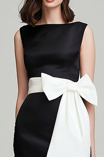 Black and White Sheath Long Formal Dress With Bow